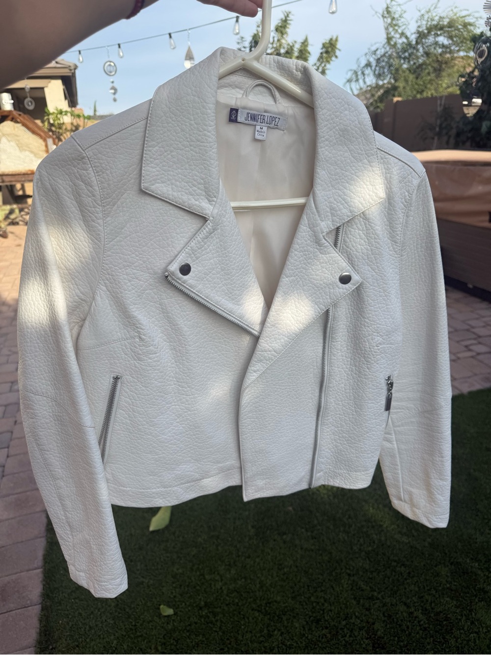 Jennifer Lopez White Faux Leather Asymmetrical Moto Jacket